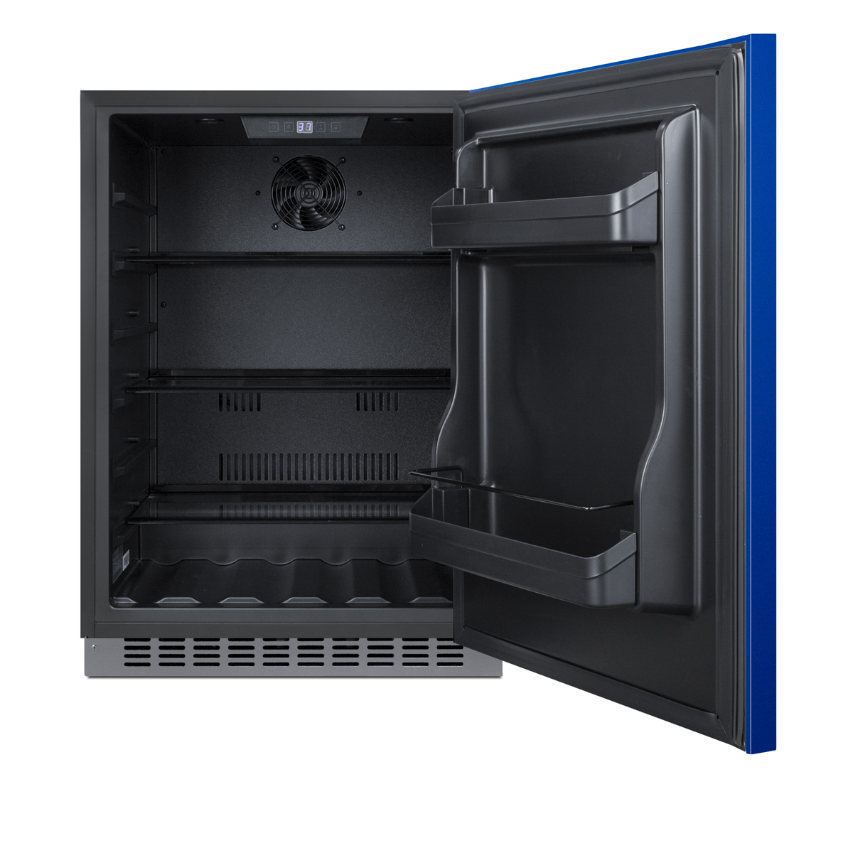 24 in. wide built-in undercounter ADA compliant all-refrigerator with cobalt blue door, stainless steel handle and kickplate, and black cabinet